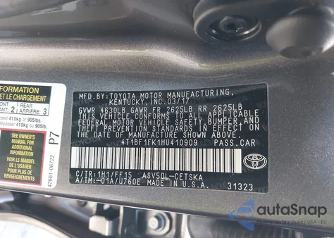 2017 Toyota Camry Se from USA, damaged, VIN 4T1BF1FK1HU410909